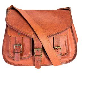 Komals Leather Messenger Bag VTG Cognac Brown Saddle Purse Brass Hardware